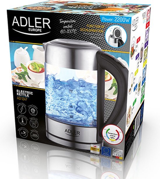 Zilveren Adler elektrische waterkoker met glazen body, verlichting en zwarte handgreep. Vermogen: 2200W.