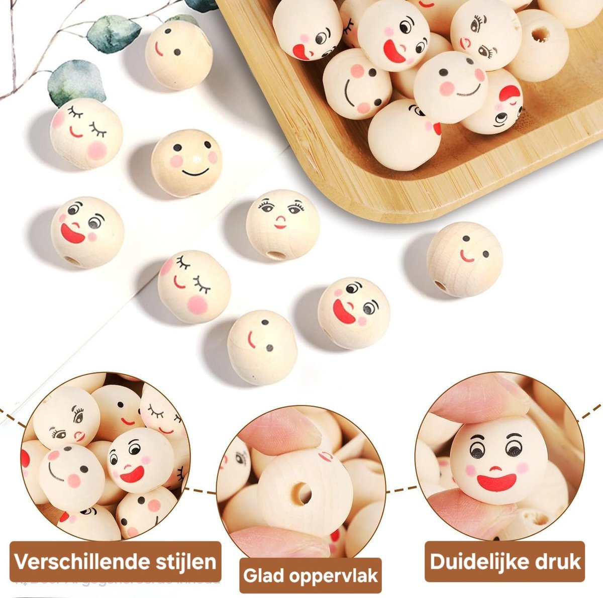 Houten Kralen met Gezichtje 150 Stuks – 20mm DIY Kralenset – Knutselen Kinderen & Volwassenen – Sieraden Maken, Speenkoorden & Decoratie — afbeelding 3