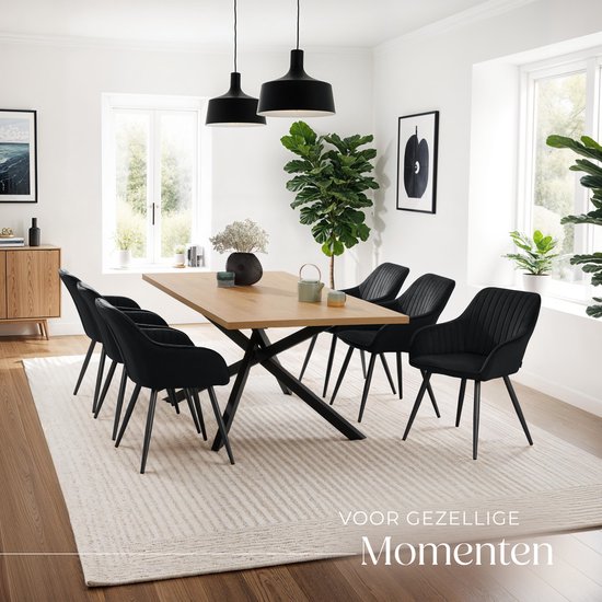 tectake®- Fluwelen stoel met gestikt patroon - Moderne eetkamerstoel - Kuipstoel - Woonkamer, eetkamer, lounge of kaptafelstoel - Div. kleuren - Zwart/zwart