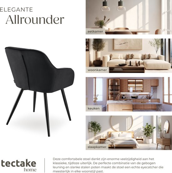 tectake®- Fluwelen stoel met gestikt patroon - Moderne eetkamerstoel - Kuipstoel - Woonkamer, eetkamer, lounge of kaptafelstoel - Div. kleuren - Zwart/zwart