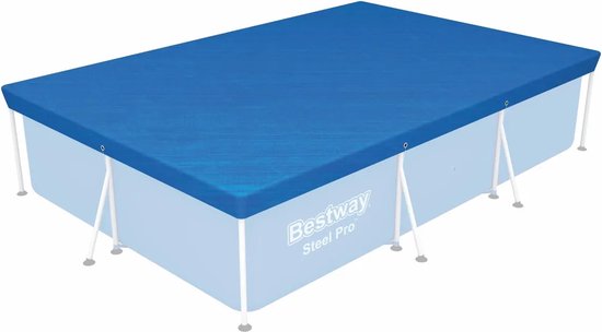Blauw Bestway zwembadafdekzeil met witte steunen, afmetingen 221 x 154 cm.