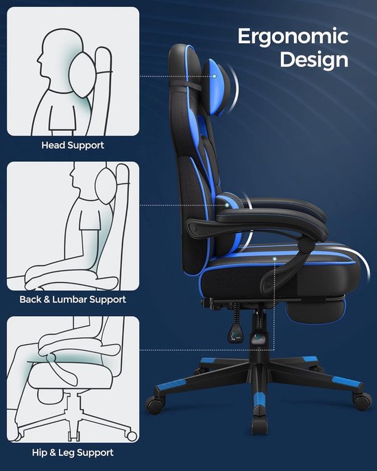 Luxe Ergonomische Gaming Chair Bureaustoel Met Voetsteun & Kantelmechanisme - Lendekussen & Hoofdkussen - Ergonomische Luxe Racing Style Design Game Computer Stoel - Voor Gamen/Kantoor/Thuiswerken - Kunstleer - Zwart/Blauw