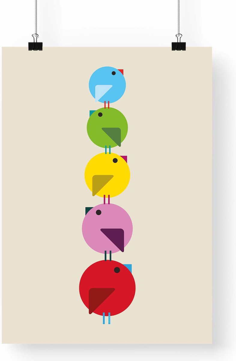 Artprint Stapelvogels - Vogel illustratie in A3 formaat - Poster kleurrijke abstracte vogeltjes