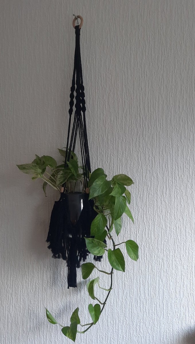 Cafuné Macramé Plantenhanger – Zwart - Handgemaakt – 3mm Gerecycled Katoen – 90cm – Boho Woondecoratie - Cadeau Idee