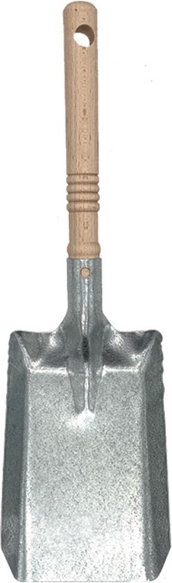 Een asschep met een zilverkleurig metalen blad en een houten steel met geribbelde greep en een ophanggat.