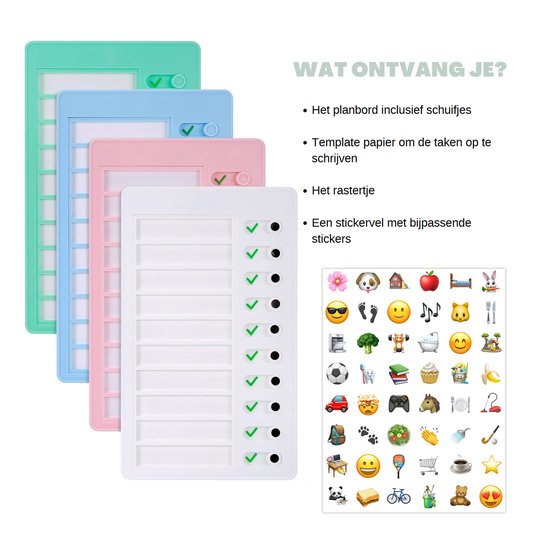 Meerdere herbruikbare planborden in groen, blauw en roze. Met schuifjes voor vinkjes en kruisjes en een stickervel met emoji's.