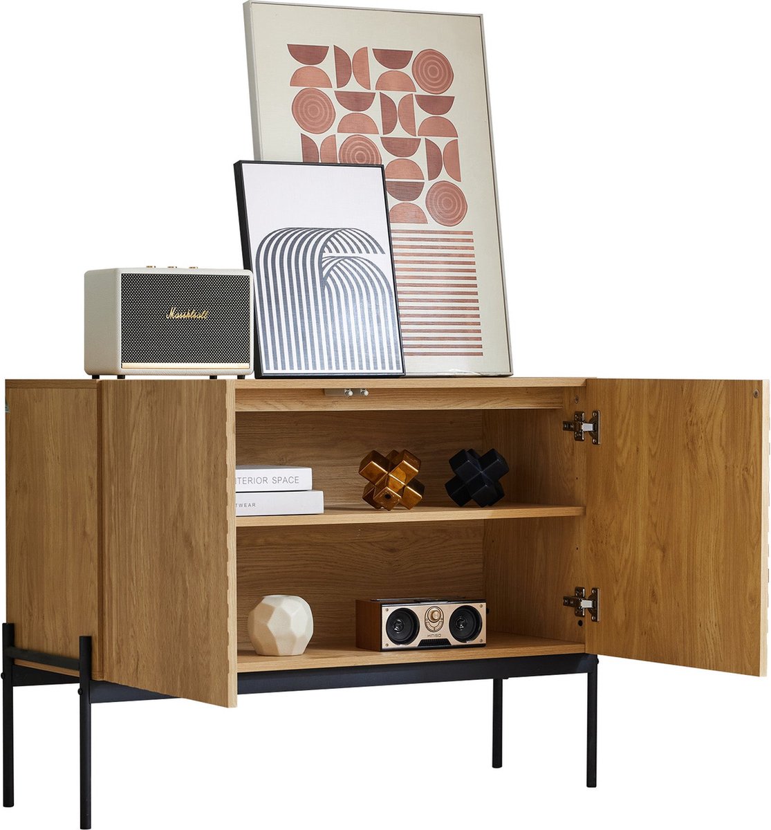 Merax Dressoir 100 cm met 2 Deuren en Metalen Poten – Opbergkast - Buffetkast – Bruin met Zwart