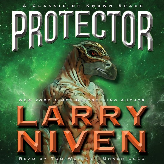 Boekomslag 'Protector' van Larry Niven, met een buitenaards wezen in oranje en bruine tinten op een groene achtergrond.