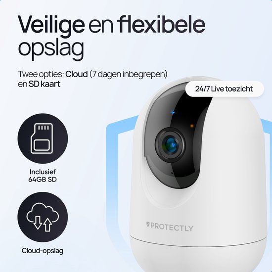 Witte beveiligingscamera met icoontjes voor cloudopslag en 64GB SD-kaart. Tekst: Veilige en flexibele opslag, 24/7 Live toezicht.