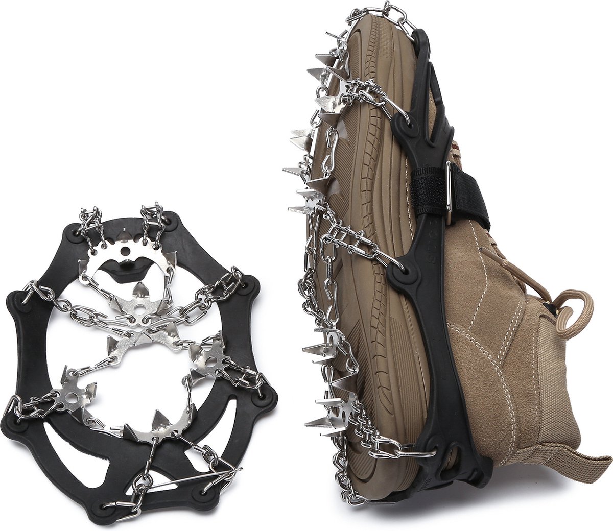 1 paar stijgijzers, ijsnoppen, tractie, sneeuwgrepen voor laarzen, schoenen, dames, heren, antislip, 24 roestvrijstalen spikes, veilige bescherming voor wandelen, vissen, wandelen, klimmen, bergbeklimmen (L) - zwart