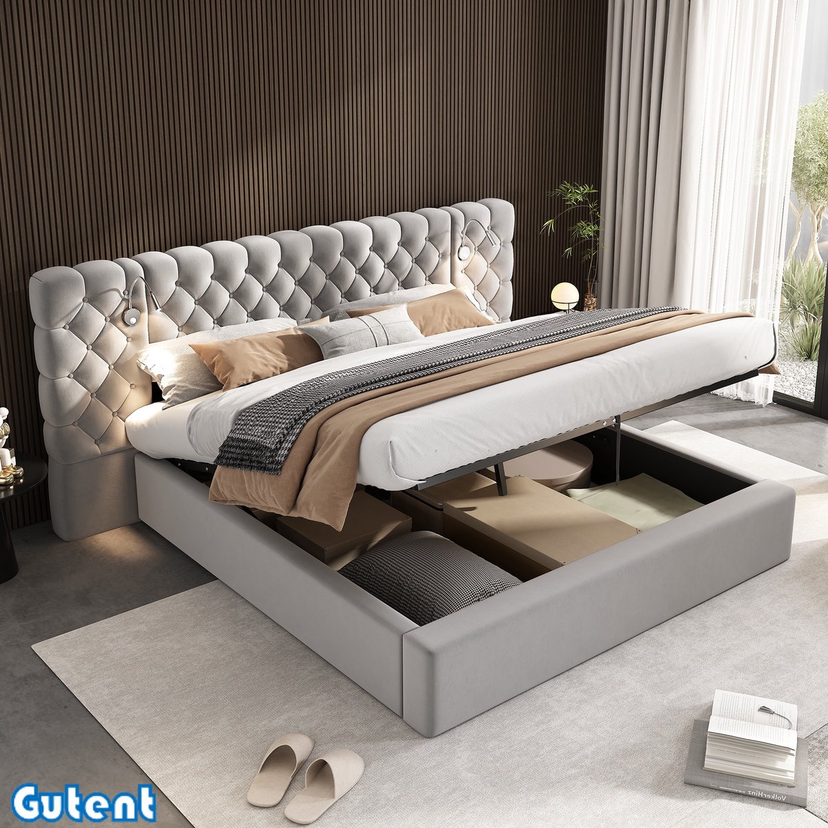 Gutent Tweepersoonsbed-180 x 200 cm-Hydraulisch opbergbed-LED-Verlichting-Velvet-Grijs-Geen matras