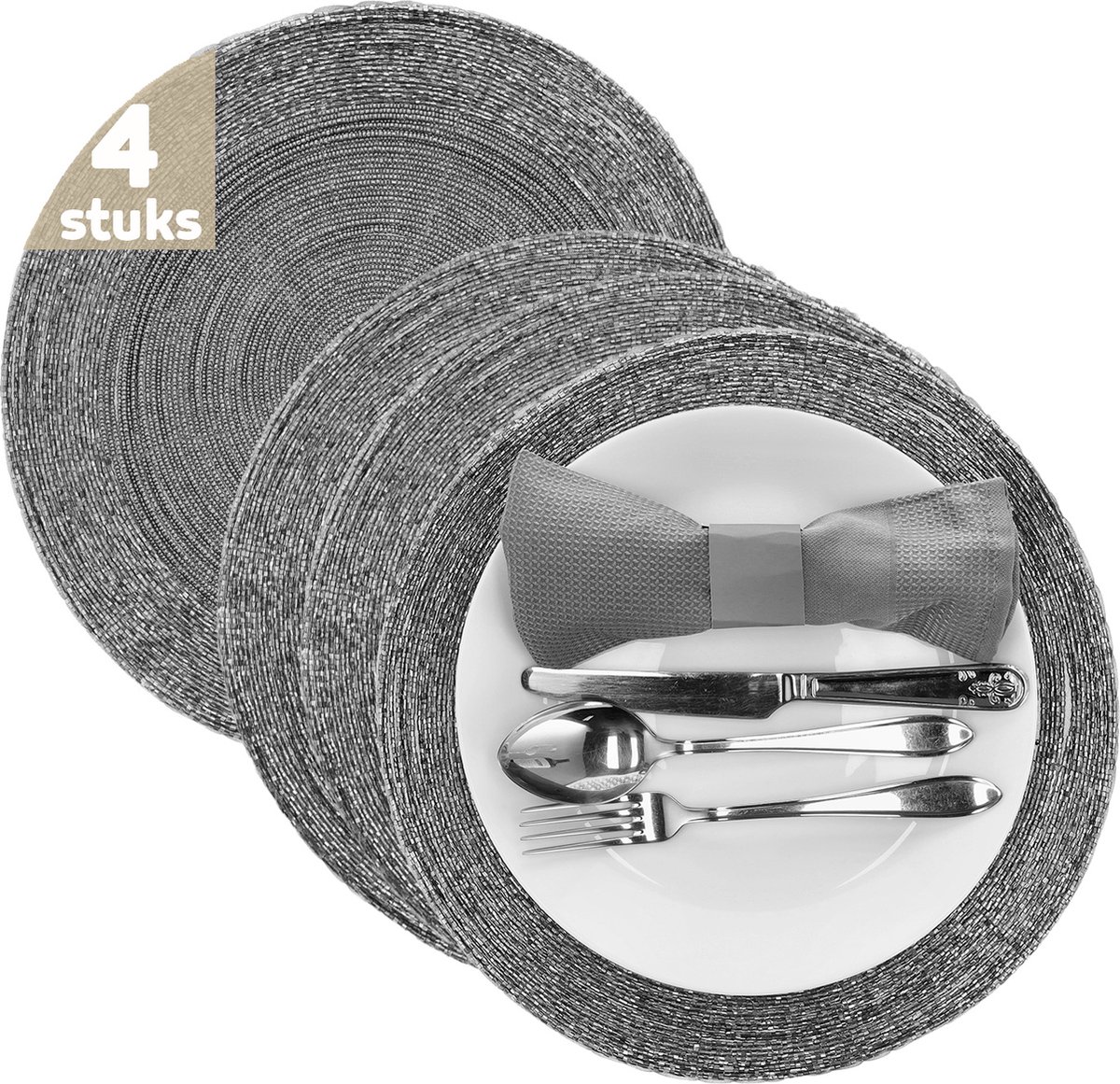 Placemats rond 30 cm (Set van 4) - Hittebestendig placemat kerst - Kralen design onderzetters - Grijs - Onderleggers voor kerst