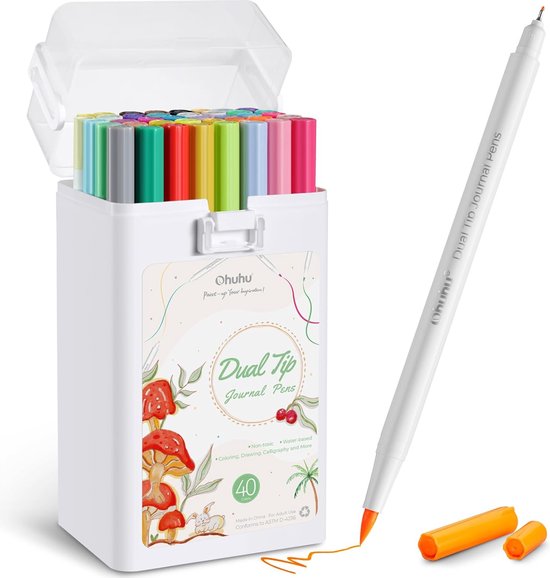Een witte doos met 40 dual tip journal pennen, deels open, met een open pen ernaast.
