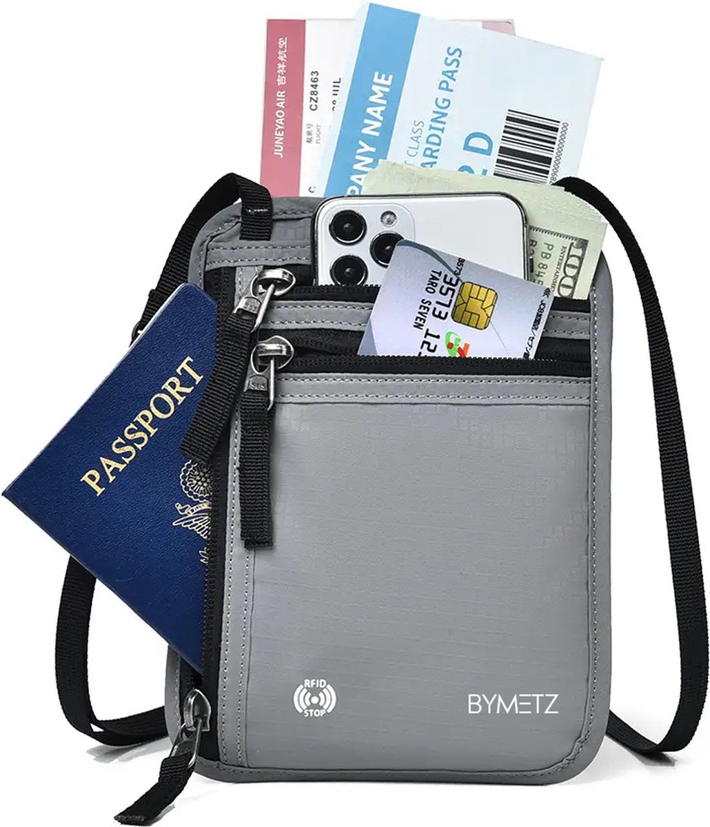 ByMetz® Nektasje met RFID – Paspoorttasje voor Reizen – Reisportemonnee voor Onder Kleding – Licht Grijs