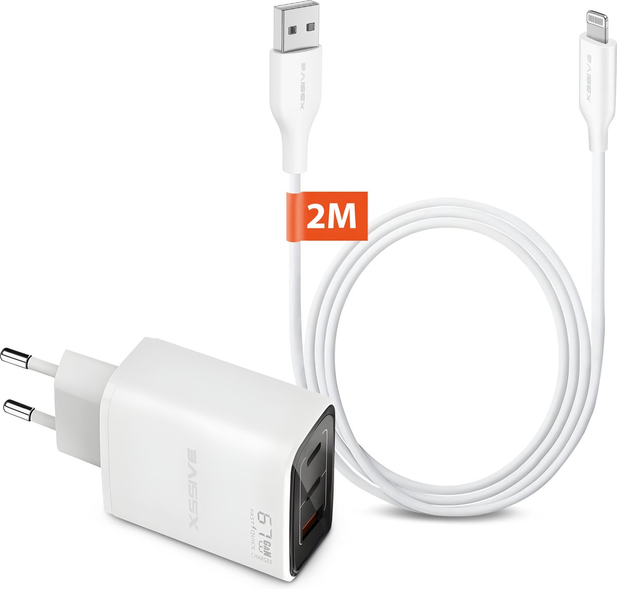 Oplaadstekker 3 Poorten + Geschikt voor USB naar Lightning Kabel - 2 Meter - Snellader
