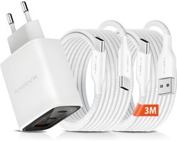 Oplaadsetje met 3 Poorten en 2x USB C Kabels - 3 Meter - Universeel - Laptop Oplader, Telefoon lader, Tablet Snellader