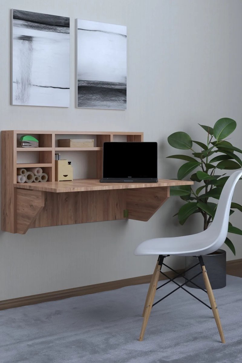 Wandtafel Inklapbare| Ruimtebesparend Klaptafel| Inklapbaar Bureau| Modern en Stijlvol| Draagbare tafel met plank| Handig| Licht Walnoot| 52x90x15 cm