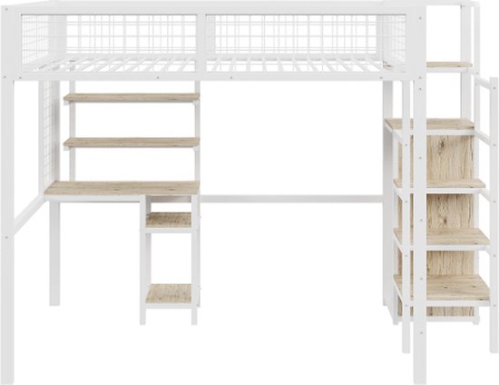 Hoogslaper van metaal 140 x 200 met ladder met planken en tafel Hoogslaper van metaal 140 x 200 met ladder met planken en tafel