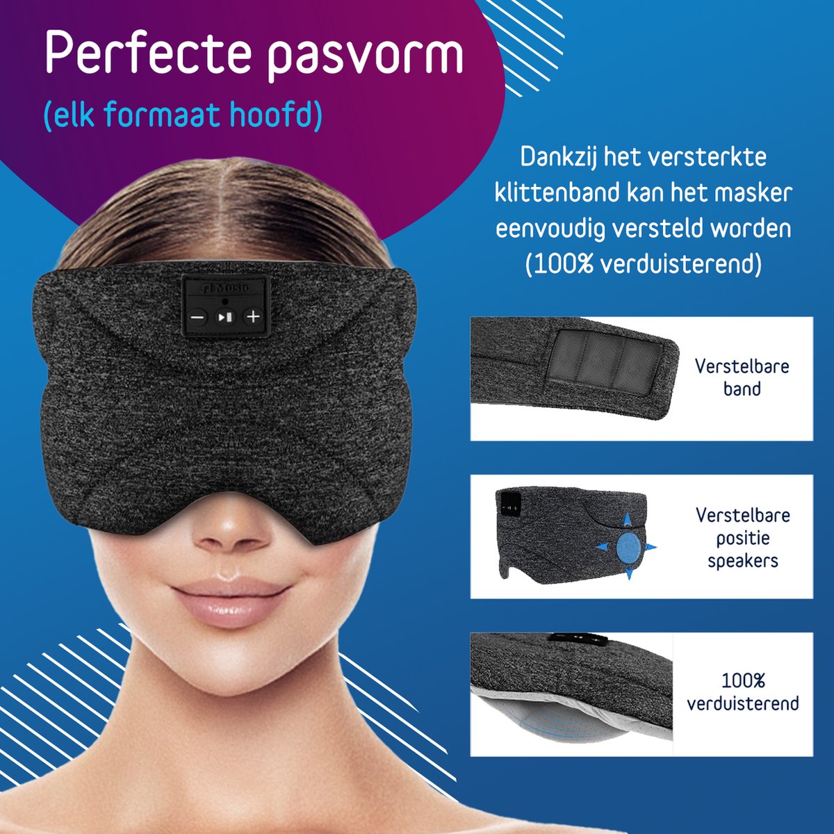 Premium Bluetooth Slaapmasker - 'White Noise' edition (limited) - 20 'ingebouwde' white noise geluiden (gebruik ook zonder Bluetooth/smartphone - 100% verduisterend - Ultraplatte 'spons speakers' (perfect voor zijslapers) - Koel en ademend materiaal — afbeelding 7