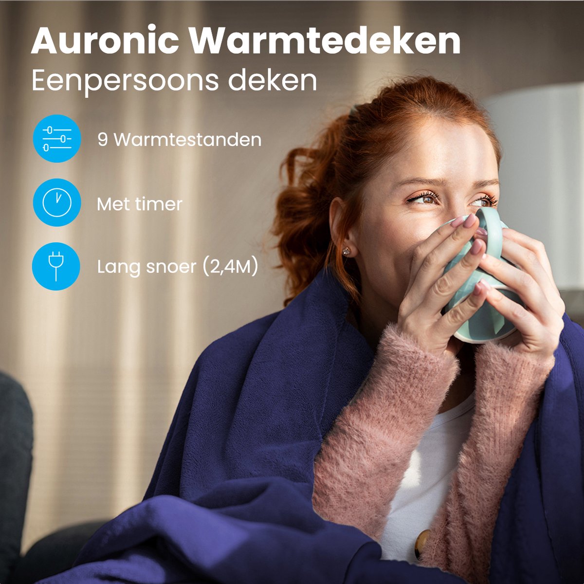 Afbeelding 2 van Auronic Elektrische Deken - Warmtedeken - 9 Warmtestanden - 1 Persoons - 160x120cm - Verwarmingsdeken - Blauw