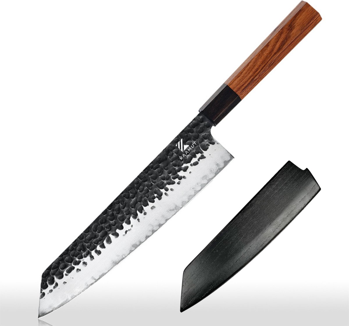 KAAMUT® Kiritsuke Chefmes 23 cm 3 Lagen Damascusstaal – Kern van AUS-10 Japans Staal – Vlijmscherp – Professioneel Koksmes – Massief Houten Handvat – Inclusief Houten Schede