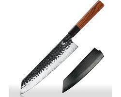KAAMUT® Kiritsuke Chefmes 23 cm 3 Lagen Damascusstaal – Kern van AUS-10 Japans Staal – Vlijmscherp – Professioneel Koksmes – Massief Houten Handvat – Inclusief Houten Schede