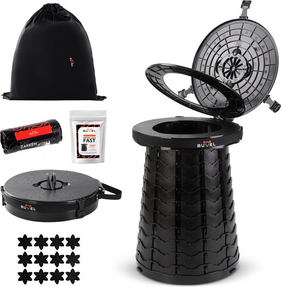 Buvel® telescopisch campingtoilet – opvouwbaar – met bril en deksel – zwart