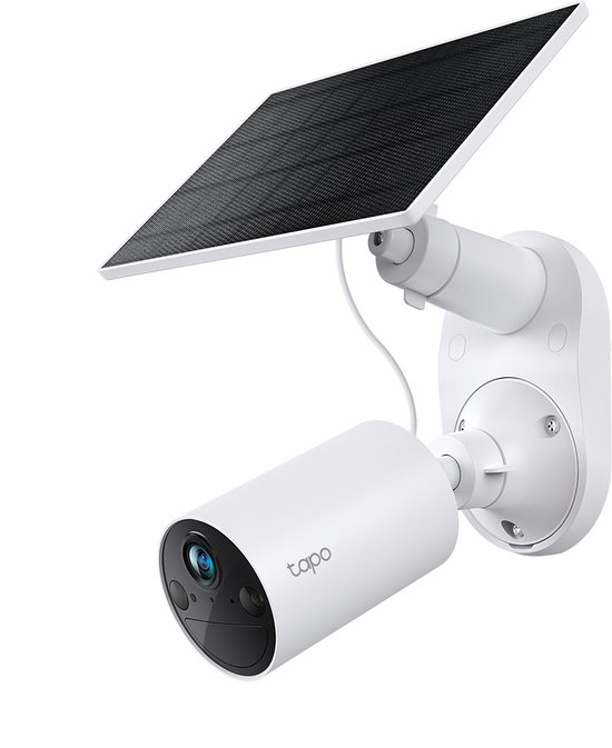 Witte Tapo beveiligingscamera met zonnepaneel, met lens en twee lampjes.