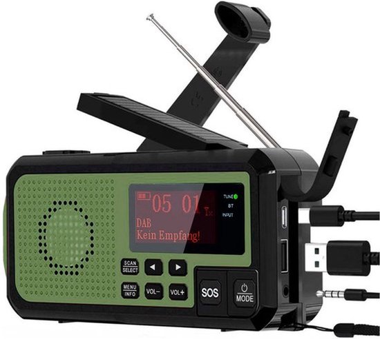 NovaWare® Radio d'urgence à remontage Solar - Banque d'alimentation à énergie solaire avec 5 200 mAh - DAB+/ FM - Pack d'urgence - Haut-parleur Bluetooth - Radio portable - Batterie - Vert