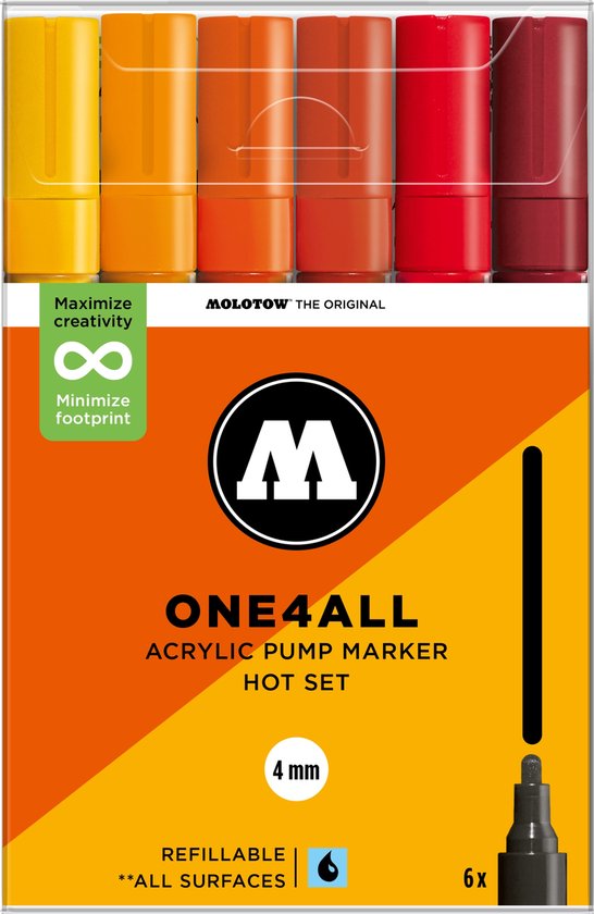 Molotow ONE4ALL 227HS Acrylstiften Set Rood/Oranje/Geel - 6 Stuks - 4mm - Hot Set