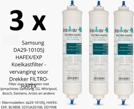 3 x filtres de réfrigérateur Samsung DA29-10105J HAFEX/EXP - remplacement pour Drekker FILTRO-HAFEX, modèles de filtres : da29-10105j, HAFEX-EXP, BL9808, 5231JA2010B, DD7098