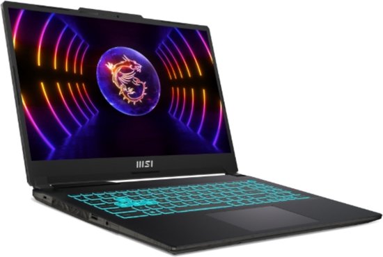Zijaanzicht van open MSI gaming laptop met verlicht toetsenbord.