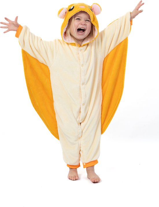 KIMU Onesie Vliegende Eekhoorn Pak - Maat 152-158 - Eekhoornpak Kostuum Vleugels - Kinder Huispak Jumpsuit Pyjama Jongen Meisje Overall Halloween