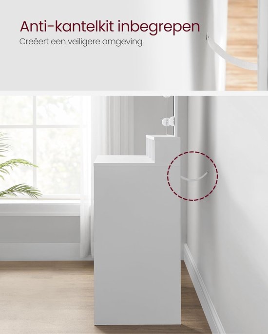 Witte kaptafel met anti-kantelkit bevestigd aan de muur.