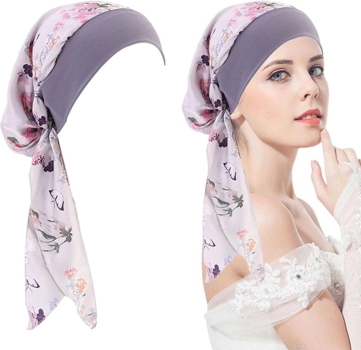 Elastische tulbandhoed dames met bloemenprint - Zwart/Bruin - S/M .