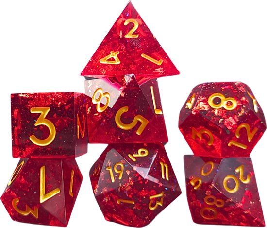 Hilvard - Set de Dés en résine - Ruby Glitter - Set de dés D&D - Set de polydices DnD - 7 pièces - Comprend un étui en métal et un sac de rangement en velours - Convient pour Dungeons and Dragons - Convient pour Magic the Gathering