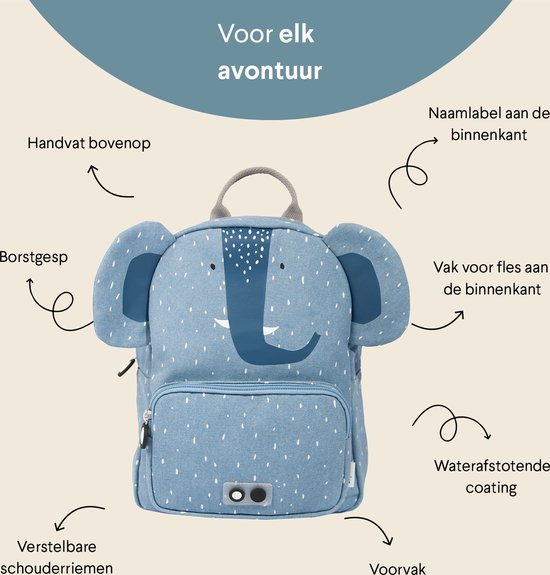 Lichtblauwe rugzak met stippenmotief en olifantenprint. Met handvat, borstgesp, verstelbare schouderriemen en voorvak.