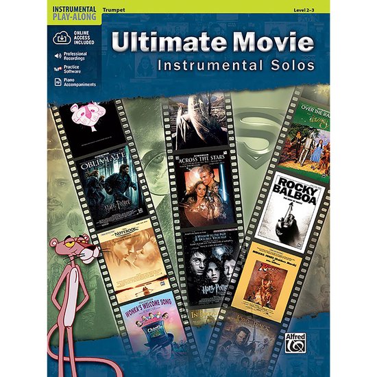 Couverture de livre "Ultimate Movie Instrumental Solos" avec des pellicules de films : Oblivion, Across the Stars, Rocky Balboa, Harry Potter et Pink Panther.