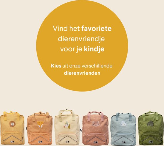 Rij met zes kinderrugzakken met verschillende dierenprints: leeuw, vos, eenhoorn, kat, vis en egel.
