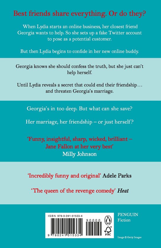 Achterkant van een boek met de titel 'Worst Idea Ever' door Jane Fallon. Bevat tekst over het plot en citaten.