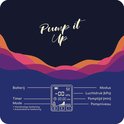 Tekst: Pump it Up. Display toont batterij, timer, modus, luchtdruk, pomptijd, pompniveau. Handmatige en automatische bediening.
