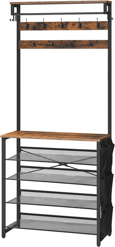HOOBRO Kapstok Met Schoenenrek - Kledingrek Met 5 Niveaus, 4-Laags Zijplank Voor Foyer, Hal - Vintage Bruin en Zwart EBF105MT01