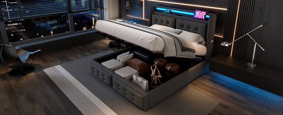 Lit double Merax 160x200 cm avec tête de lit LED et fonction de charge USB-C - Lit hydraulique avec sommier à lattes et espace de rangement - Matelas inclus - Grijs