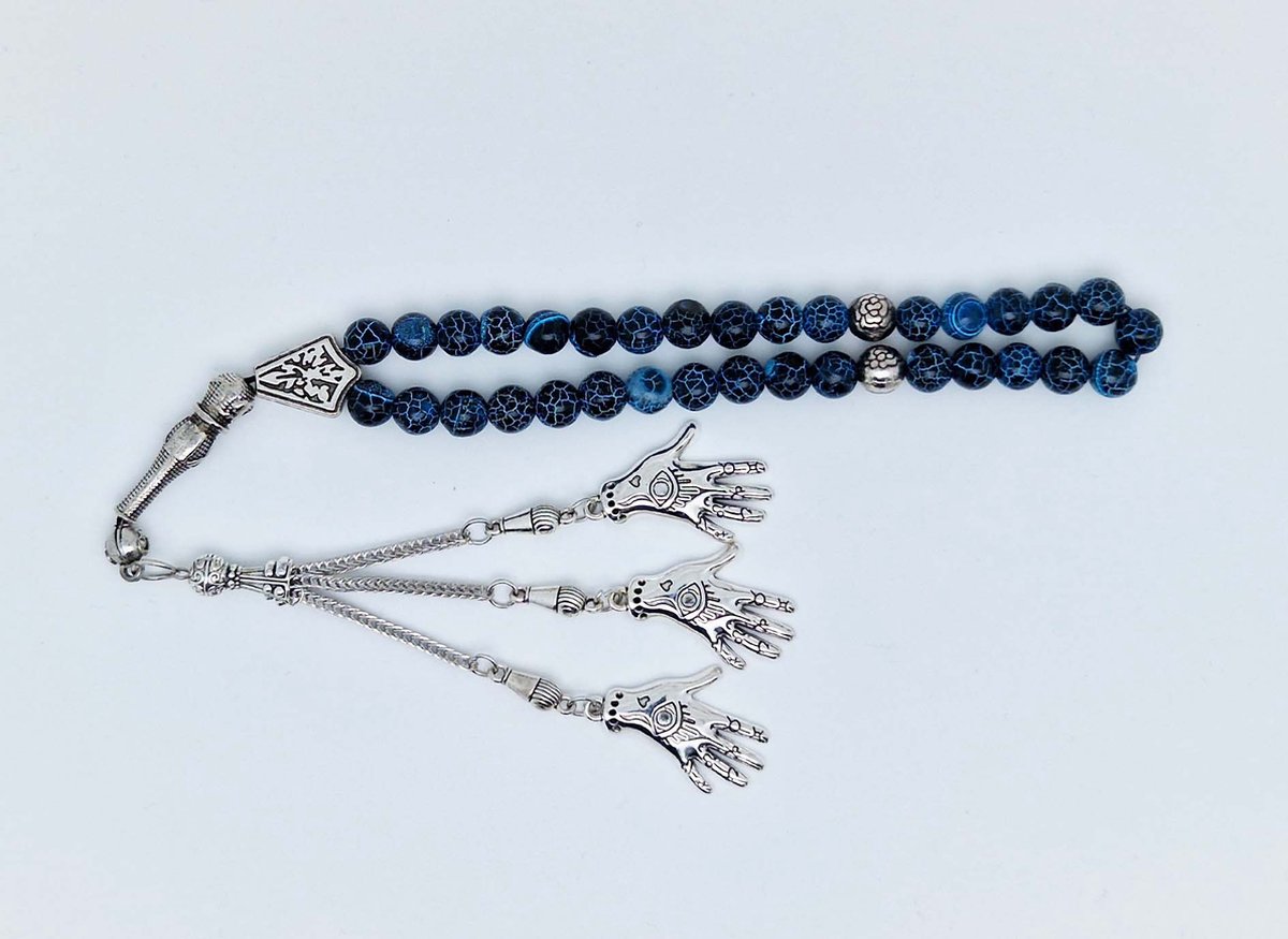 Handgemaakte tesbih "tasbih" natuursteen "Blauwe harmonie" - Aantal kralen 33 - Diameter kralen 8 MM - met metaal tassel "model 7" - Een mooi cadeau-idee