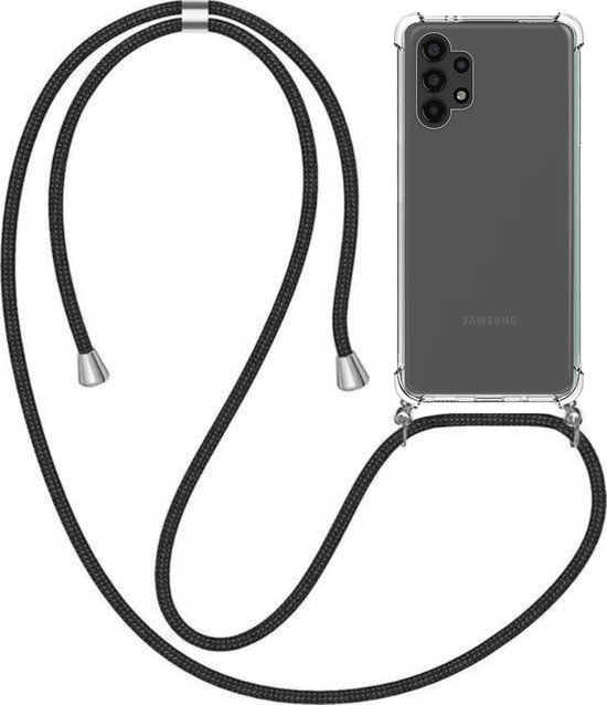 Doorzichtige Samsung A32 telefoonhoes met een gevlochten zwart koord om de nek.