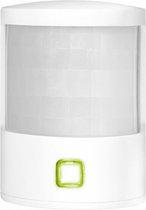 Witte bewegingsmelder met transparant venster en groen lampje aan de voorzijde.