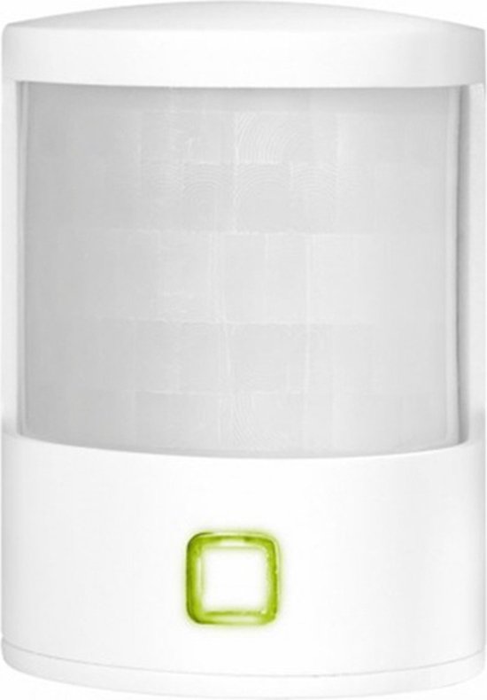 Witte bewegingsmelder met transparant venster en groen lampje aan de voorzijde.