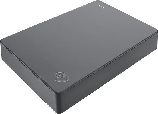 Grijze Seagate externe harde schijf, perspectief.