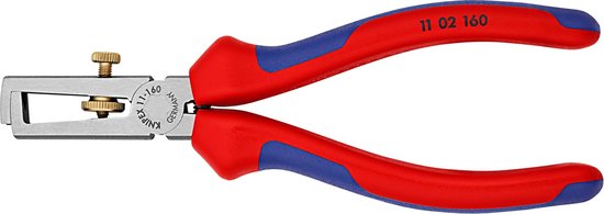Een Knipex draadstripper met rode en blauwe handvatten, model 11 02 160.