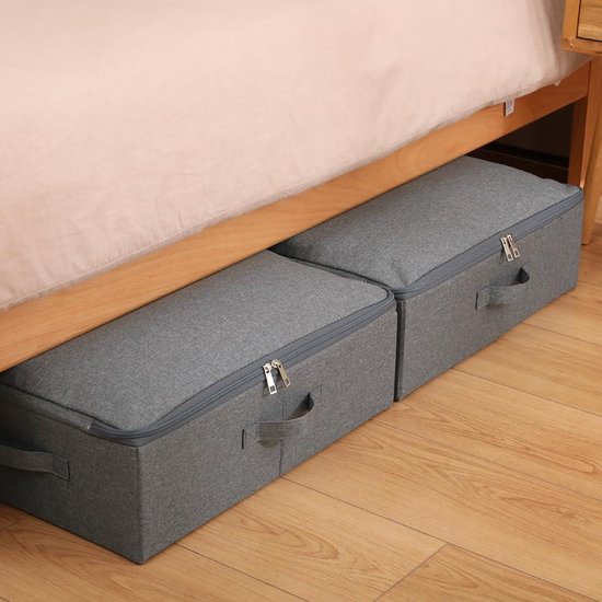 Set of 2, 52 x 36 x 16 cm, Thin Folding Storage Containers with Soft Zipper Lid, Dustproof and Washable Organizer Trays for Different Size Shelves, Closet, Wardrobe, Black/Grey
